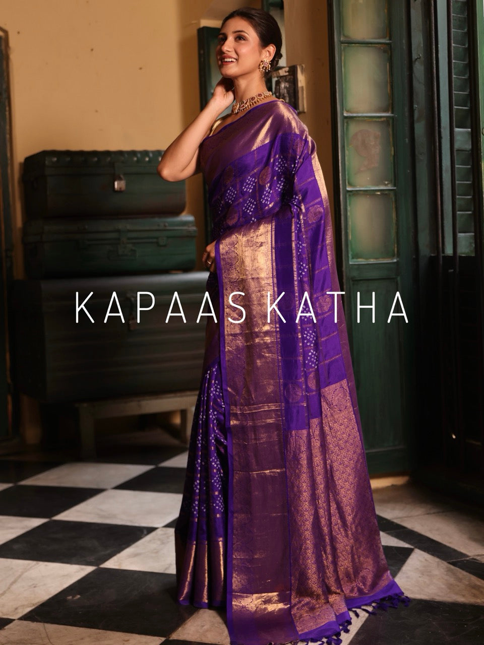 Vasundhara Silk Bandhani Saree, Pure Silk Violet Bandhani Saree, Gold Zari Checks Bandhej Saree, Kapaas Katha Designer Sarees, Authentic Bandhani Silk Saree Online