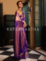 Vasundhara Silk Bandhani Saree, Pure Silk Violet Bandhani Saree, Gold Zari Checks Bandhej Saree, Kapaas Katha Designer Sarees, Authentic Bandhani Silk Saree Online