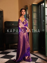 Vasundhara Silk Bandhani Saree, Pure Silk Violet Bandhani Saree, Gold Zari Checks Bandhej Saree, Kapaas Katha Designer Sarees, Authentic Bandhani Silk Saree Online