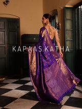 Vasundhara Silk Bandhani Saree, Pure Silk Violet Bandhani Saree, Gold Zari Checks Bandhej Saree, Kapaas Katha Designer Sarees, Authentic Bandhani Silk Saree Online