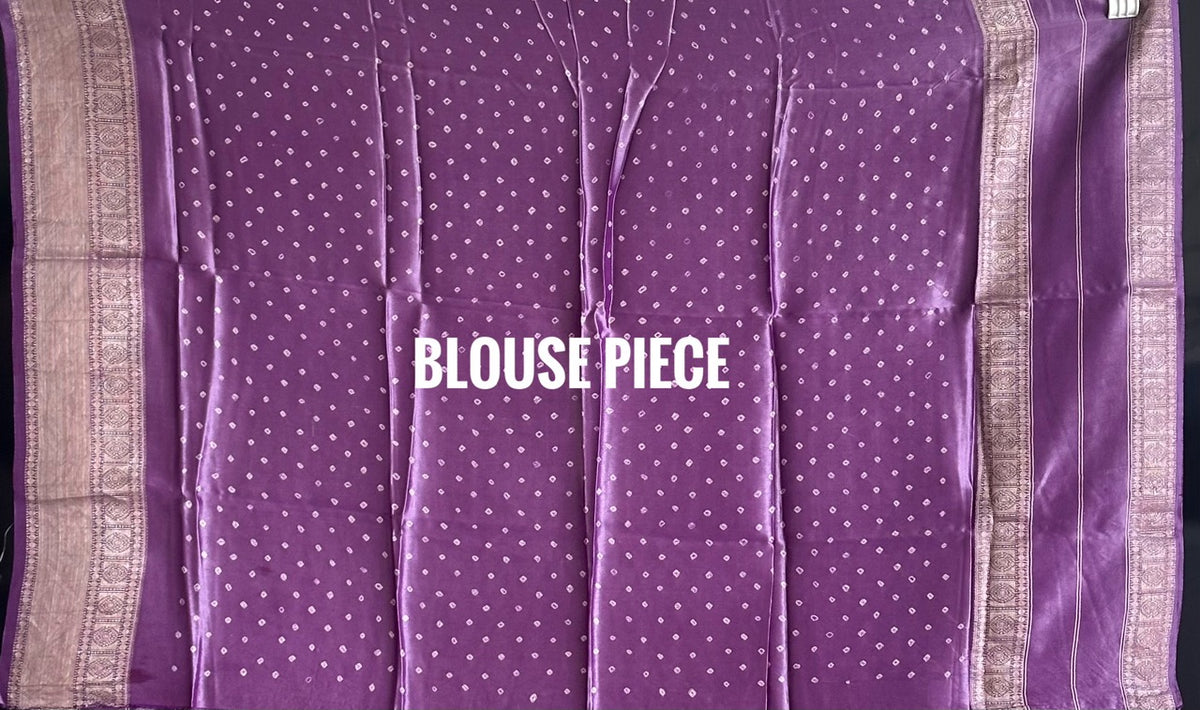 Buy pure Vasundhara silk Bandhani saree in royal magenta purple with gold zari leaf motifs & silver zari border. Authentic handwoven luxury online at Kapaas Katha.