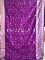 Buy pure Vasundhara silk Bandhani saree in royal magenta purple with gold zari leaf motifs & silver zari border. Authentic handwoven luxury online at Kapaas Katha.