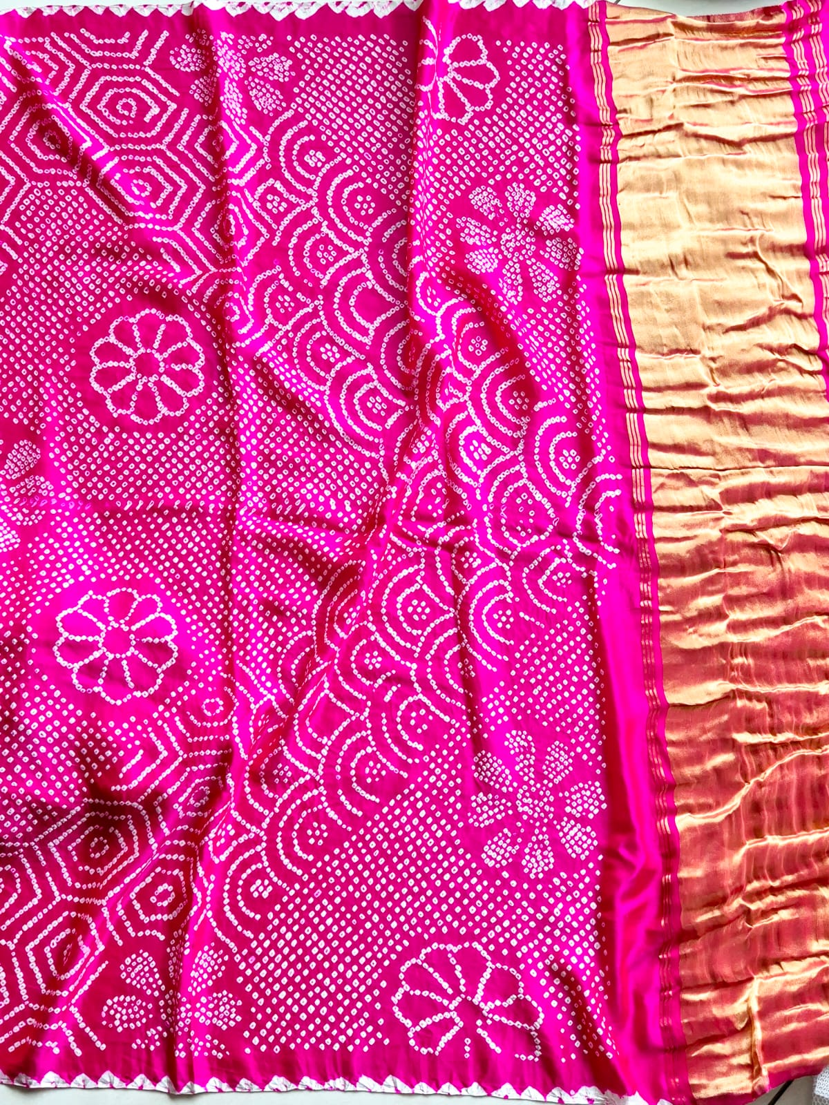 Hot Pink Pure Gajji Silk Bandhani Saree