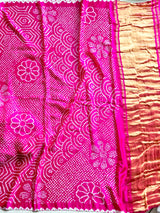 Hot Pink Pure Gajji Silk Bandhani Saree