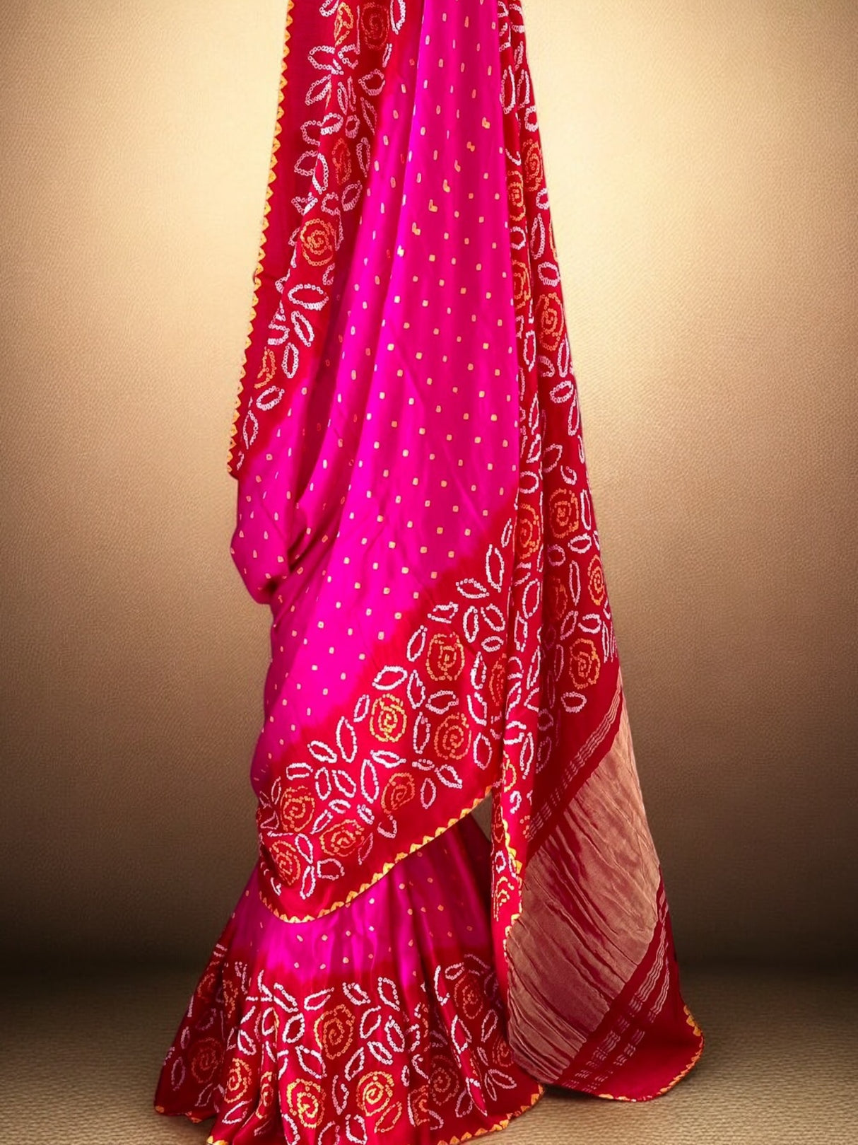 Hot Pink and Red Floral Pure Gajji Silk Bandhani Saree