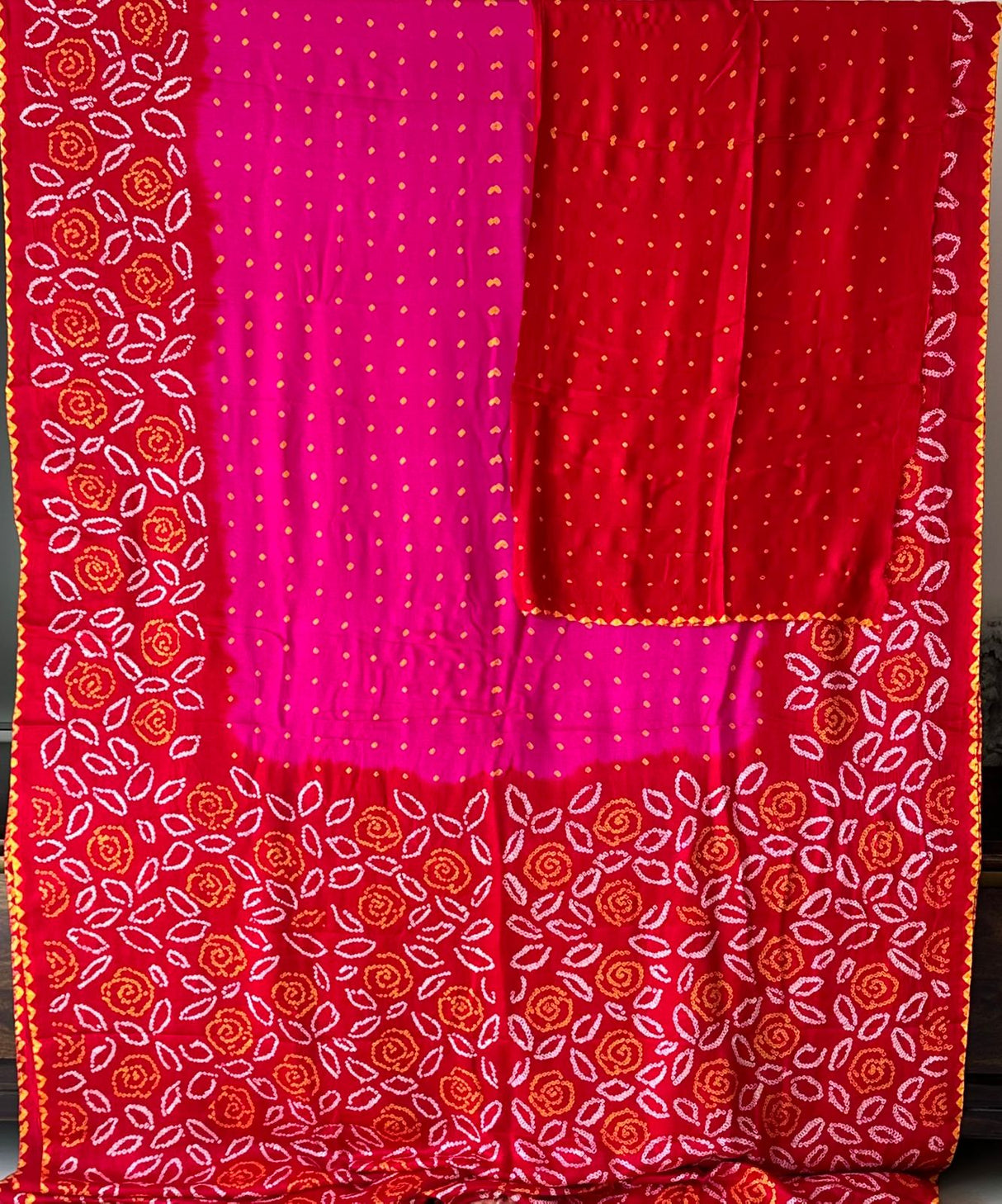 Hot Pink and Red Floral Pure Gajji Silk Bandhani Saree