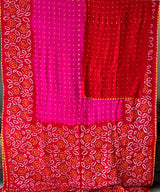 Hot Pink and Red Floral Pure Gajji Silk Bandhani Saree