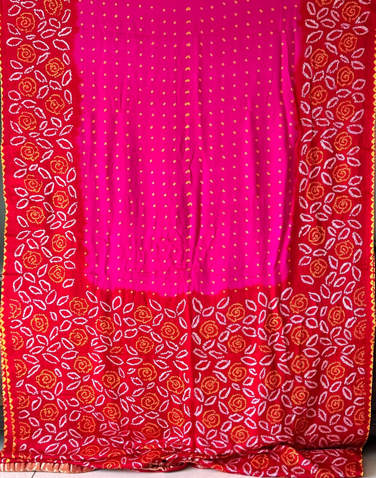 Hot Pink and Red Floral Pure Gajji Silk Bandhani Saree