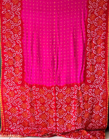 Hot Pink and Red Floral Pure Gajji Silk Bandhani Saree