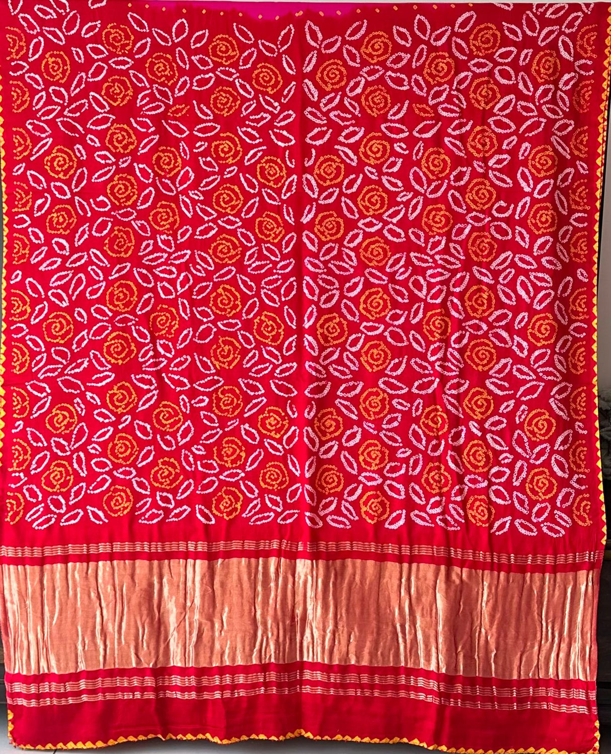 Hot Pink and Red Floral Pure Gajji Silk Bandhani Saree