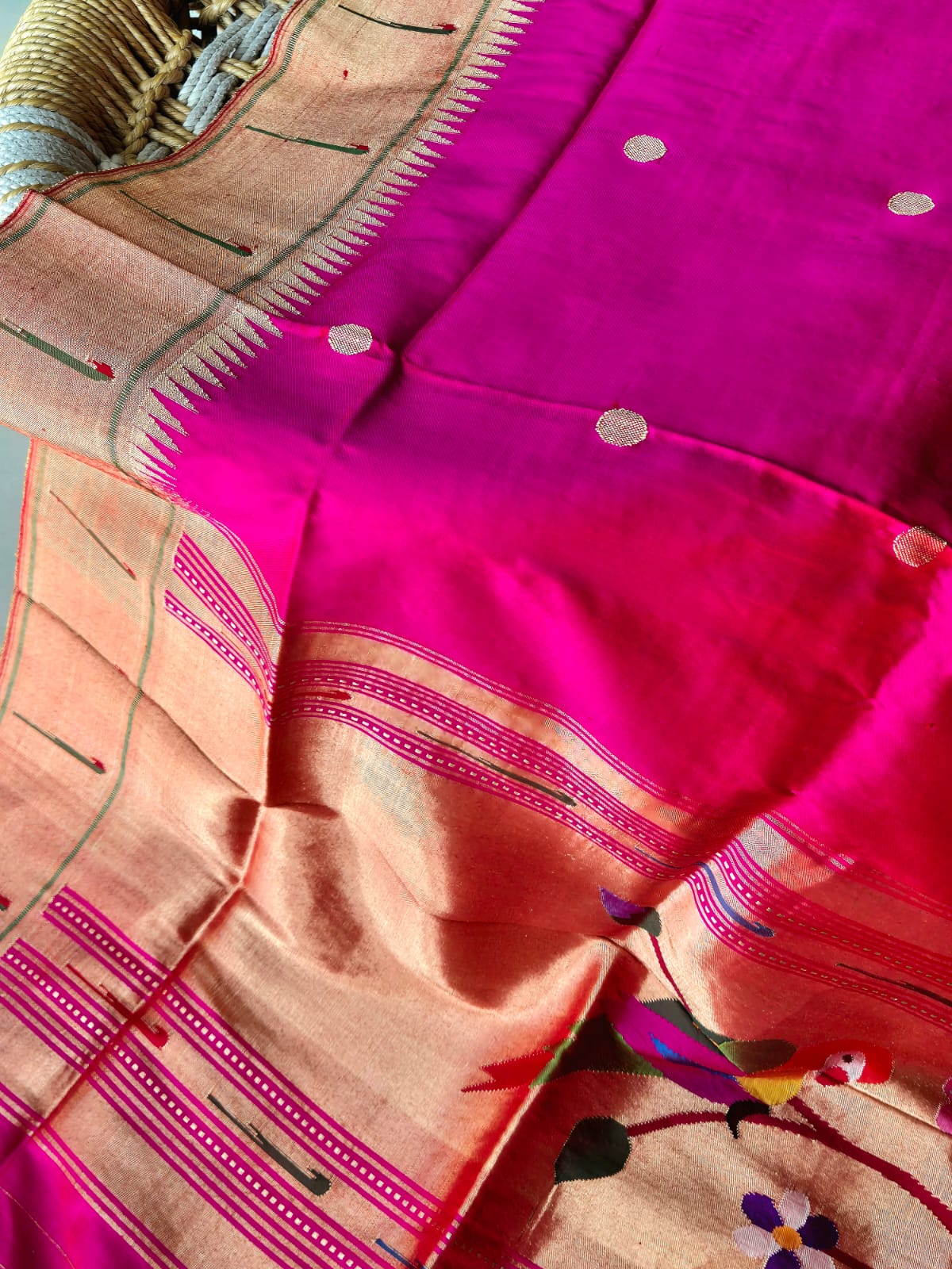 Handloom Parrot Theme Hot Pink Silk Paithani Dupatta