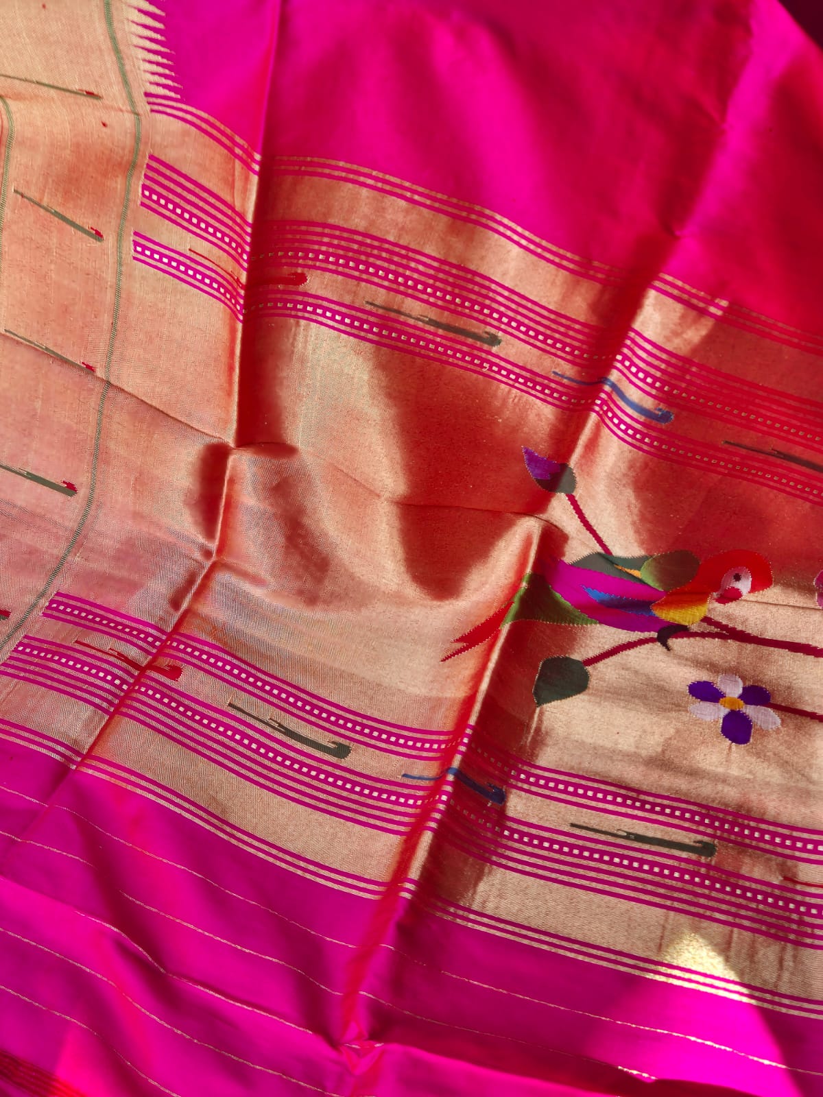 Handloom Parrot Theme Hot Pink Silk Paithani Dupatta