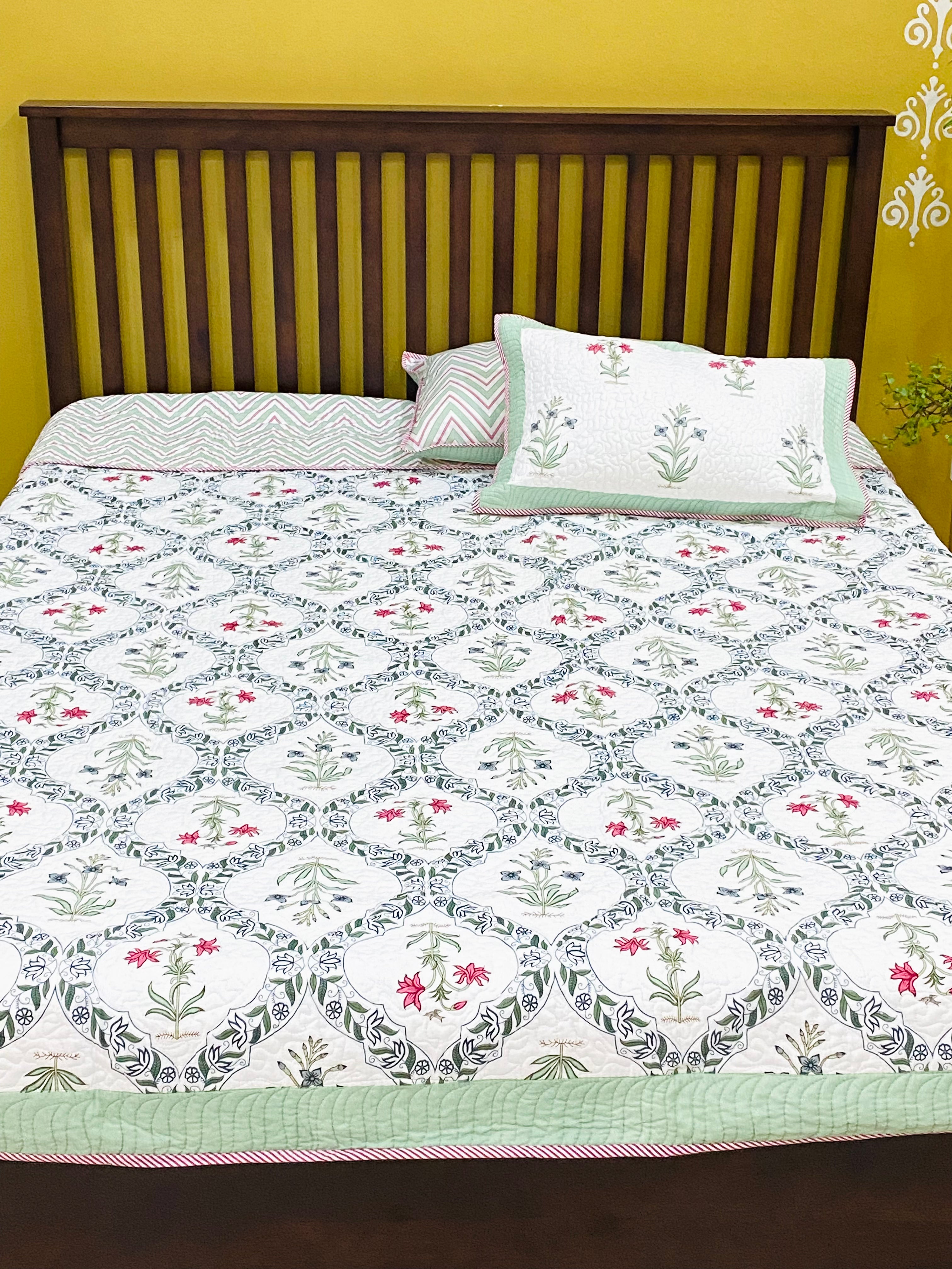 Quilted Blockprint REVERSIBLE Mulmul Bedcover- Double Size (90*108 inches)