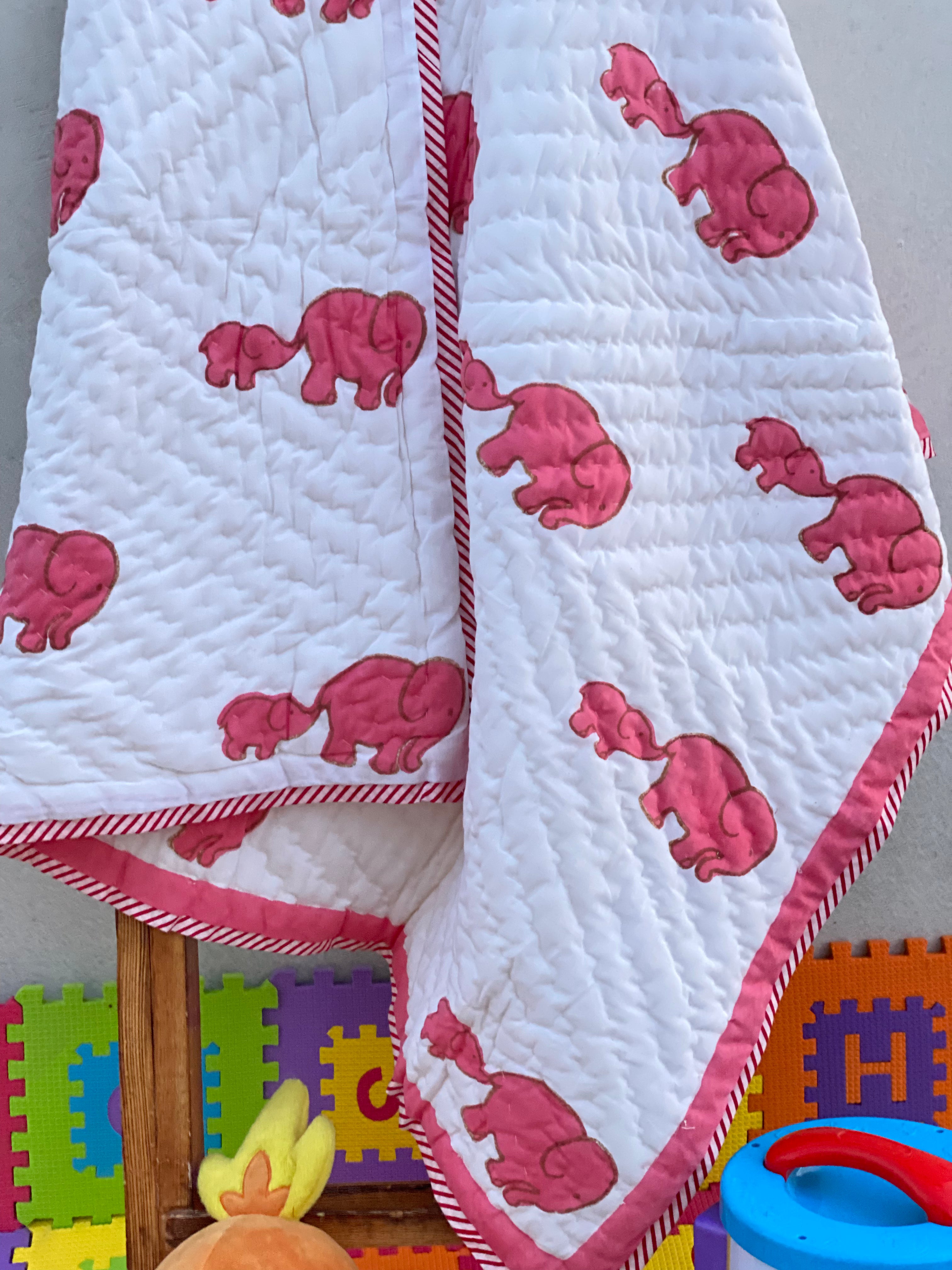 Elephant Baby Quilt- Handblock Printed- (40*40 inches)
