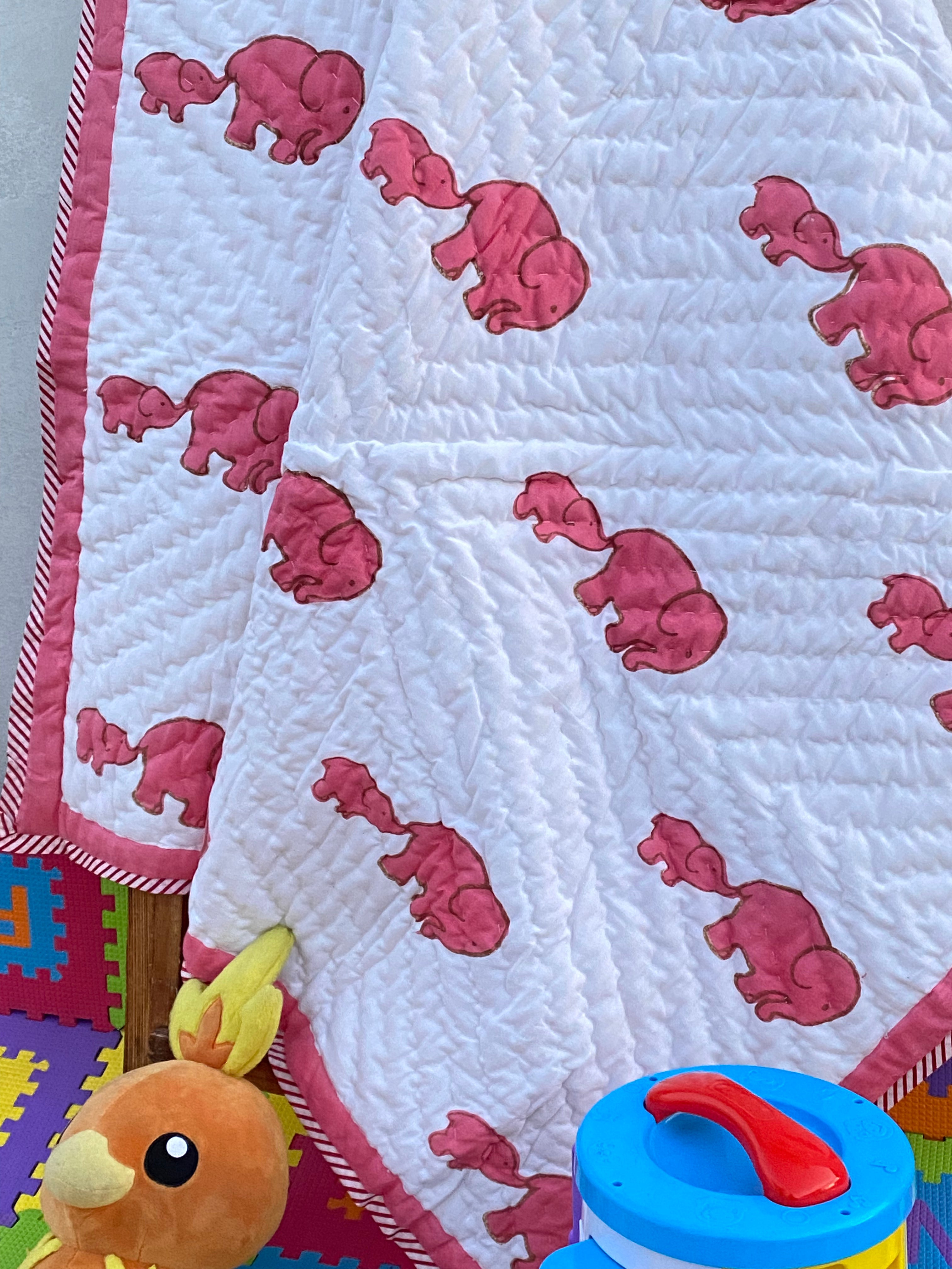 Elephant Baby Quilt- Handblock Printed- (40*40 inches)