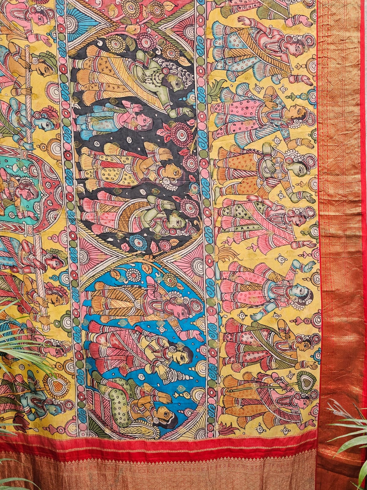 Indian Mythological Theme Pure Kanjivaram Silk Kalamkari Saree