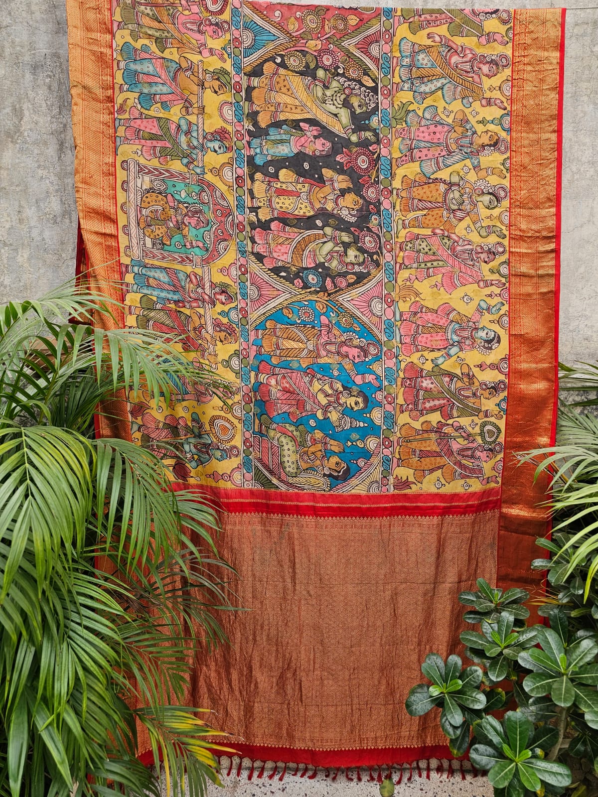 Indian Mythological Theme Pure Kanjivaram Silk Kalamkari Saree