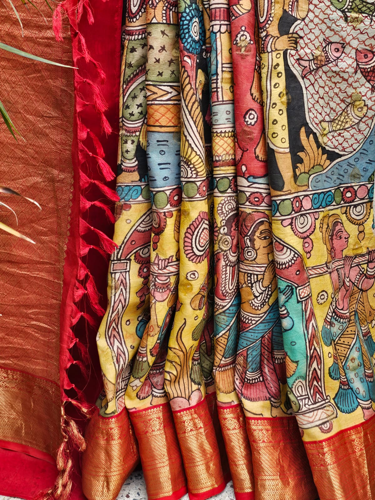 Indian Mythological Theme Pure Kanjivaram Silk Kalamkari Saree