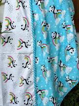 blue and white panda print baby blanket reversible design flannel layer inside