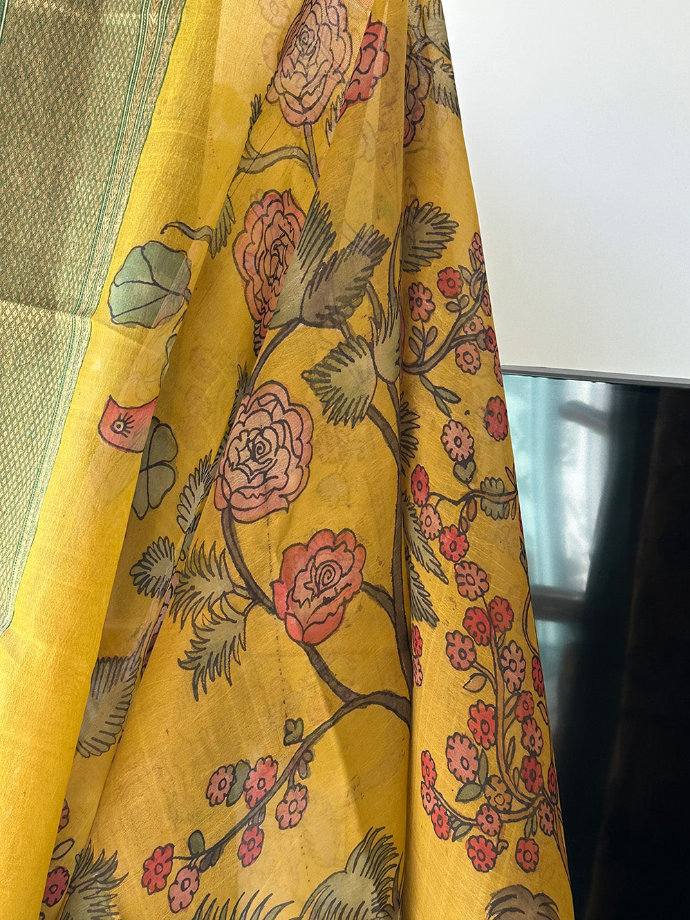 Floral theme Organza Cotton silk Kalamkari saree in Yellow Colour