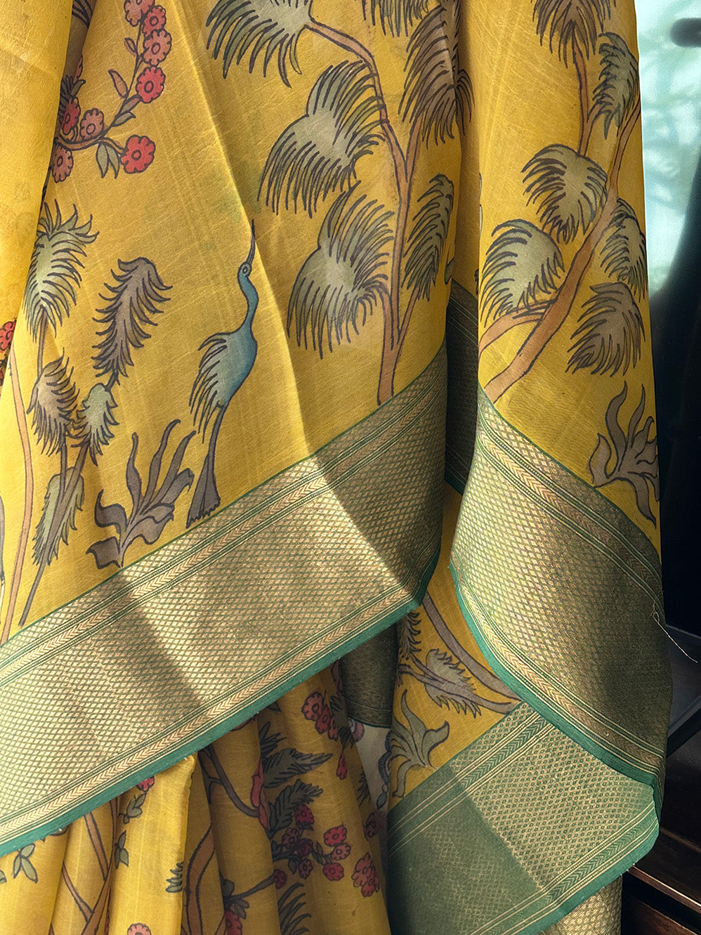 Floral theme Organza Cotton silk Kalamkari saree in Yellow Colour