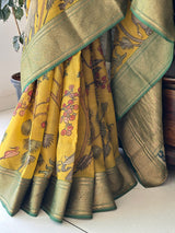 Floral theme Organza Cotton silk Kalamkari saree in Yellow Colour