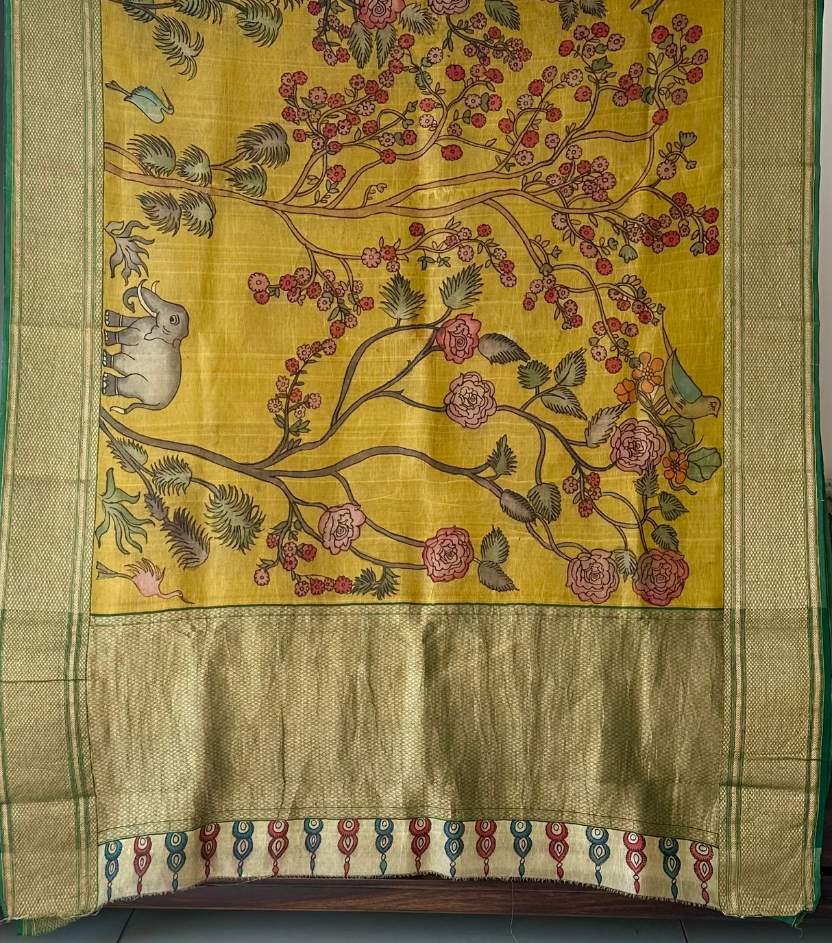 Floral theme Organza Cotton silk Kalamkari saree in Yellow Colour