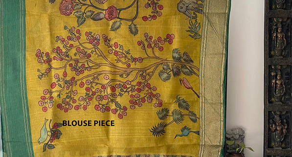 Floral theme Organza Cotton silk Kalamkari saree in Yellow Colour