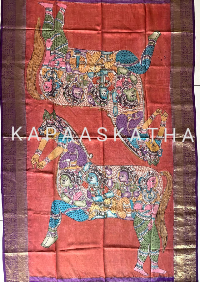 kalamkari-art-depicting-pancha-naari-turaga-horse-kanjeevaram-silk-dupatta-kapaaskatha