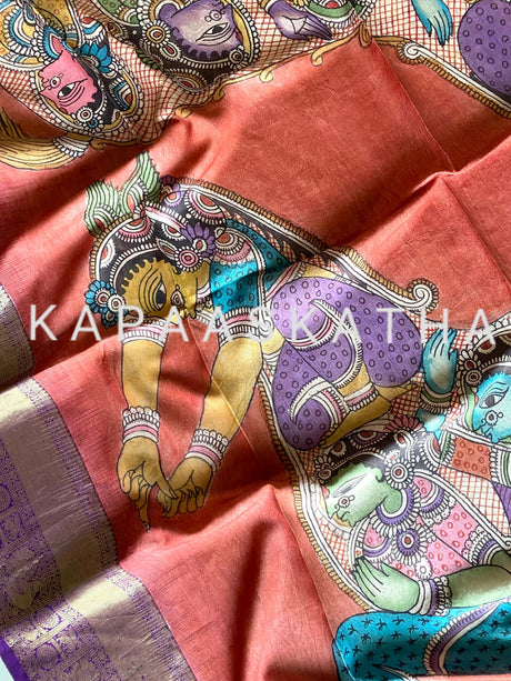 kalamkari-art-depicting-pancha-naari-turaga-horse-kanjeevaram-silk-dupatta-kapaaskatha