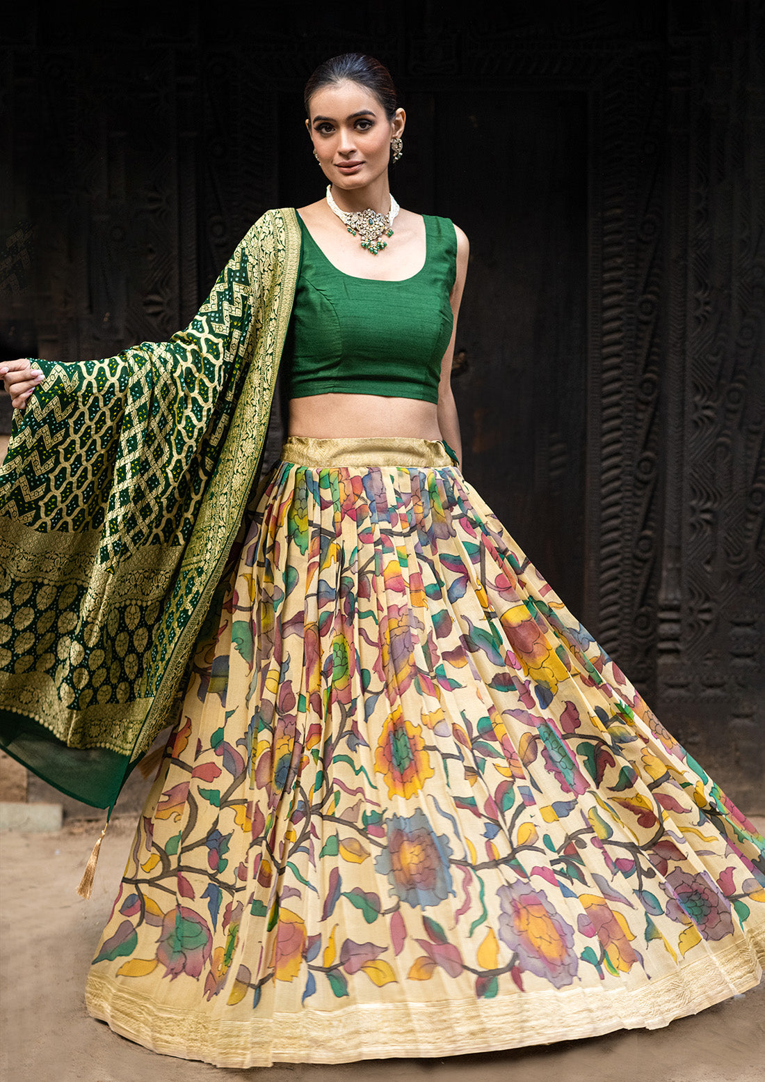 Floral Theme Pure Banarasi Georgette Kalamkari Lehenga with Bandhani Dupatta