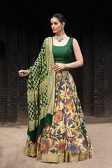 Floral Theme Pure Banarasi Georgette Kalamkari Lehenga with Bandhani Dupatta