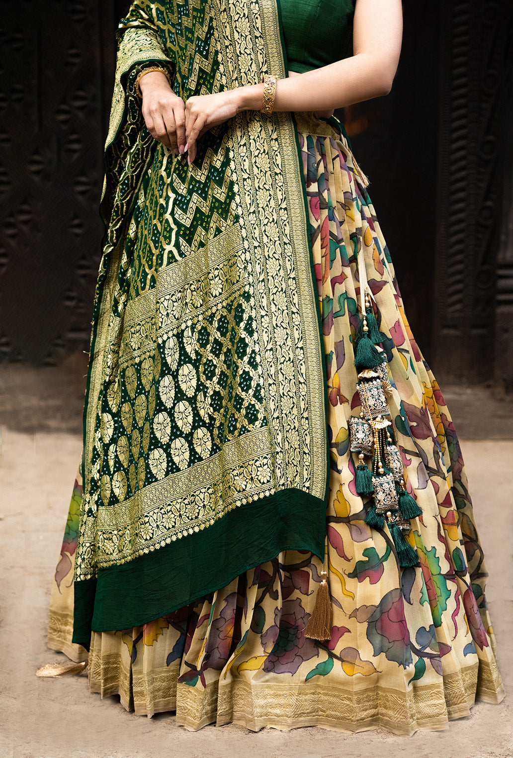 Floral Theme Pure Banarasi Georgette Kalamkari Lehenga with Bandhani Dupatta