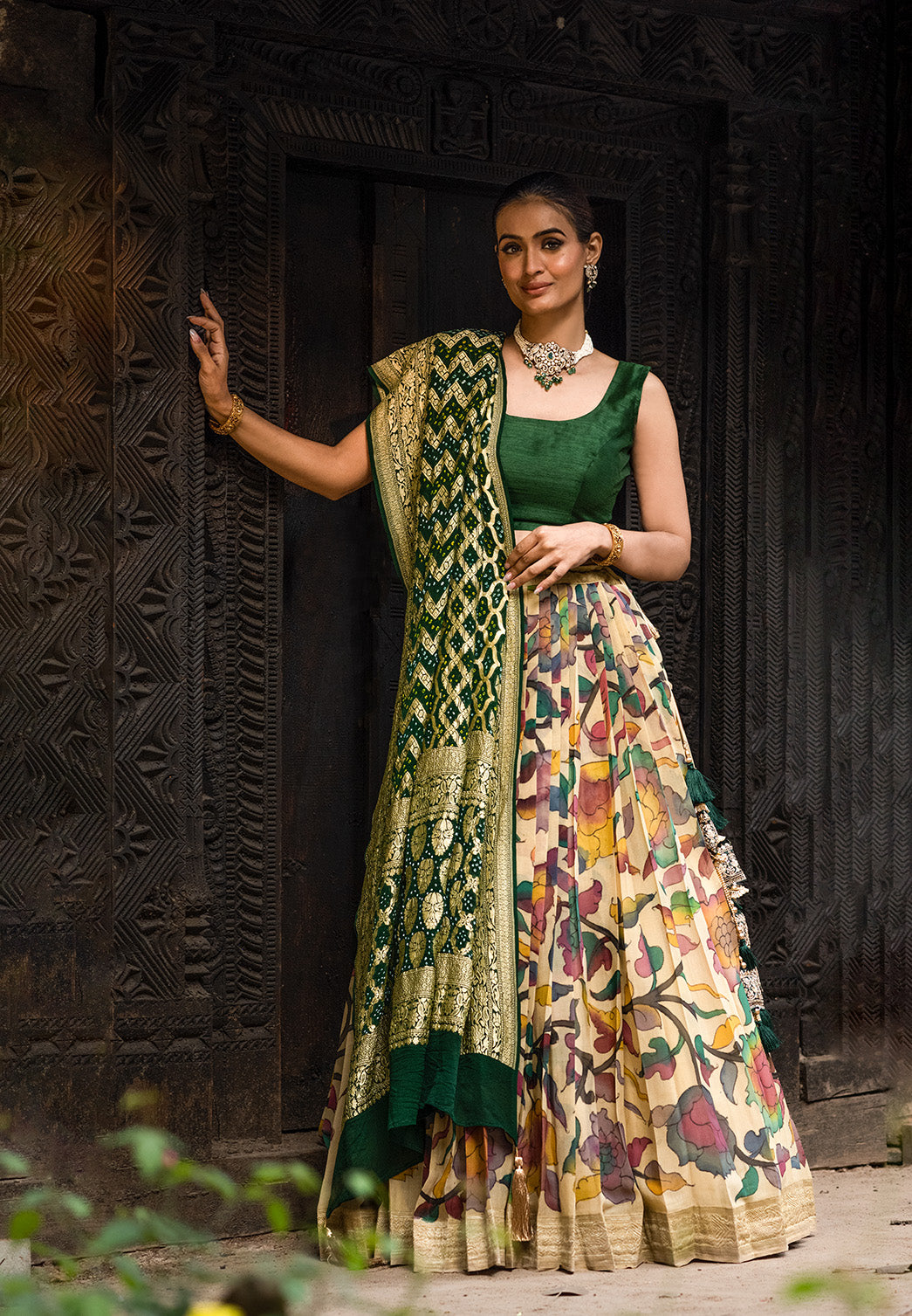 Floral Theme Pure Banarasi Georgette Kalamkari Lehenga with Bandhani Dupatta