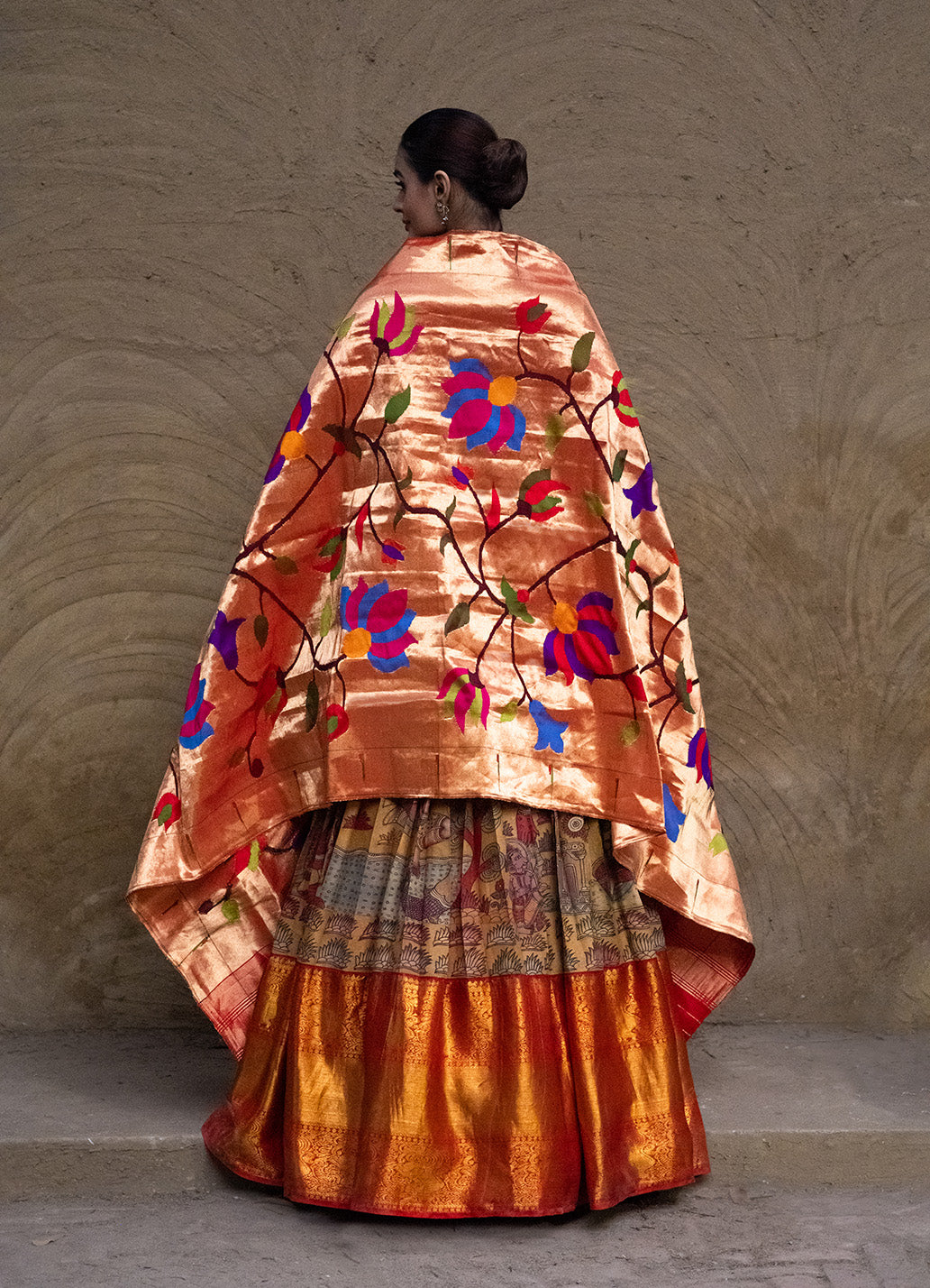 Ramayna Theme Kanchi Pattu Kalamkari Lehenga with Pure Silk Paithani Dupatta