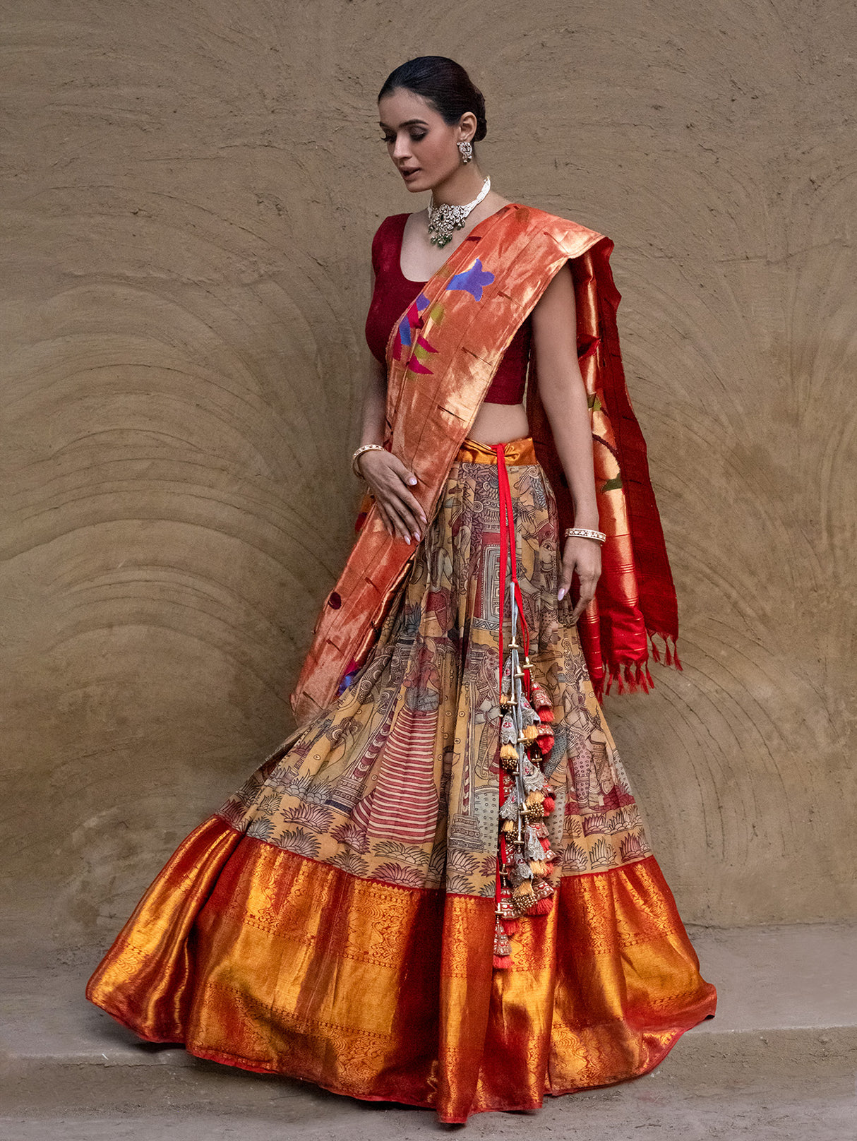 Ramayna Theme Kanchi Pattu Kalamkari Lehenga with Pure Silk Paithani Dupatta