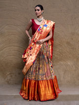 Ramayna Theme Kanchi Pattu Kalamkari Lehenga with Pure Silk Paithani Dupatta