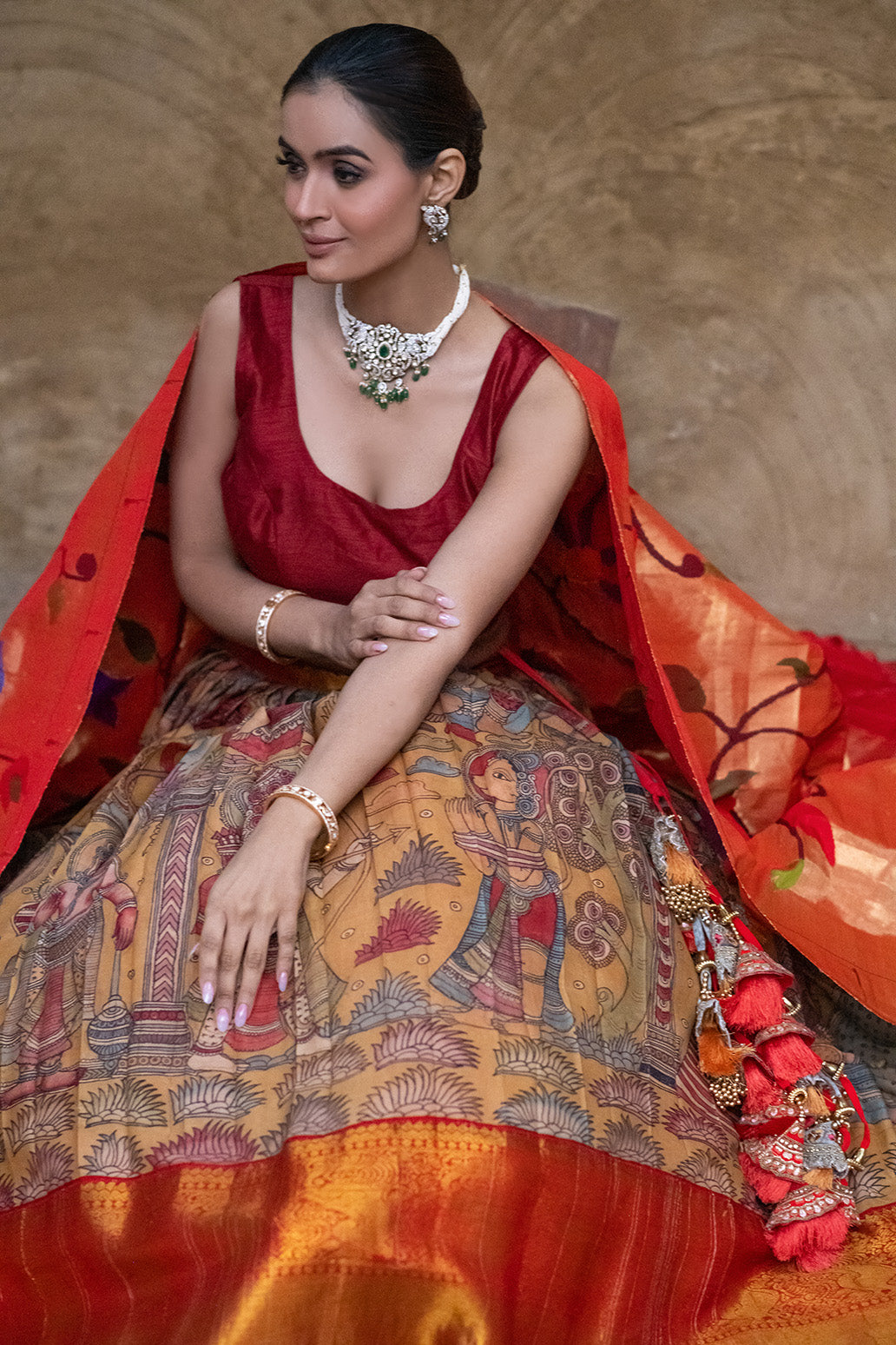 Ramayna Theme Kanchi Pattu Kalamkari Lehenga with Pure Silk Paithani Dupatta