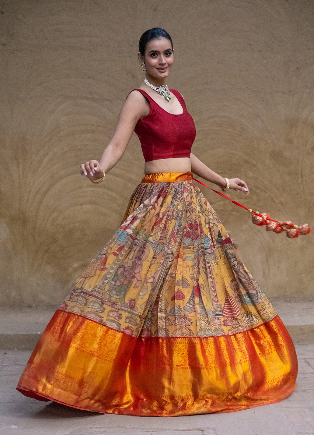 Ramayna Theme Kanchi Pattu Kalamkari Lehenga with Pure Silk Paithani Dupatta