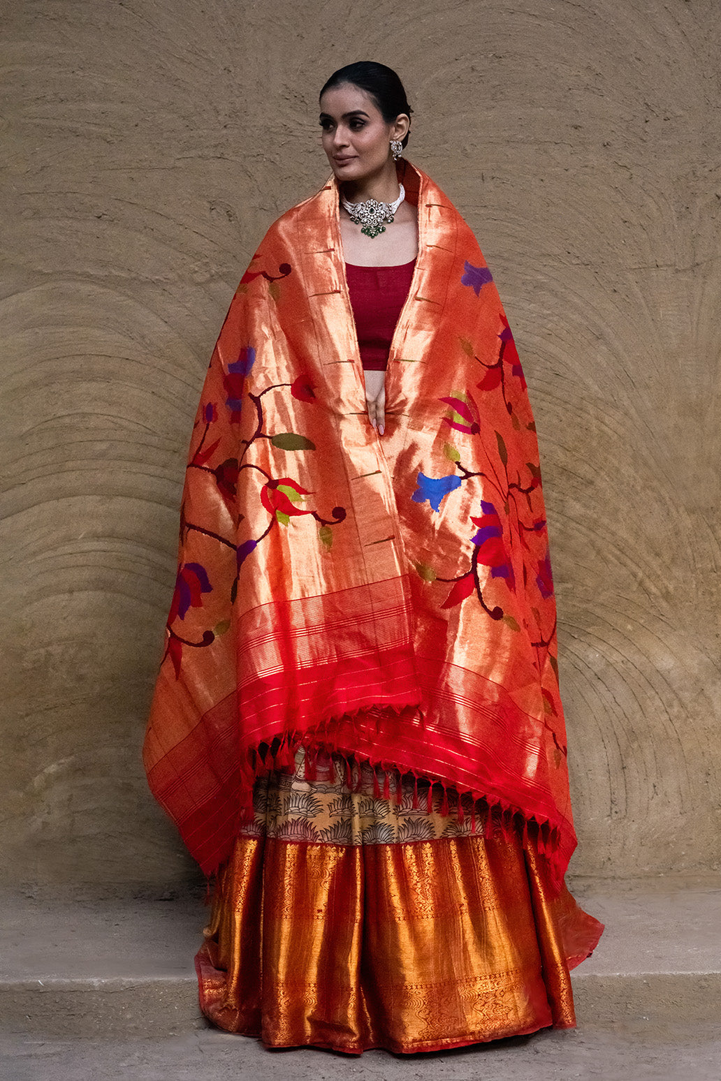 Ramayna Theme Kanchi Pattu Kalamkari Lehenga with Pure Silk Paithani Dupatta