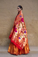 Ramayna Theme Kanchi Pattu Kalamkari Lehenga with Pure Silk Paithani Dupatta