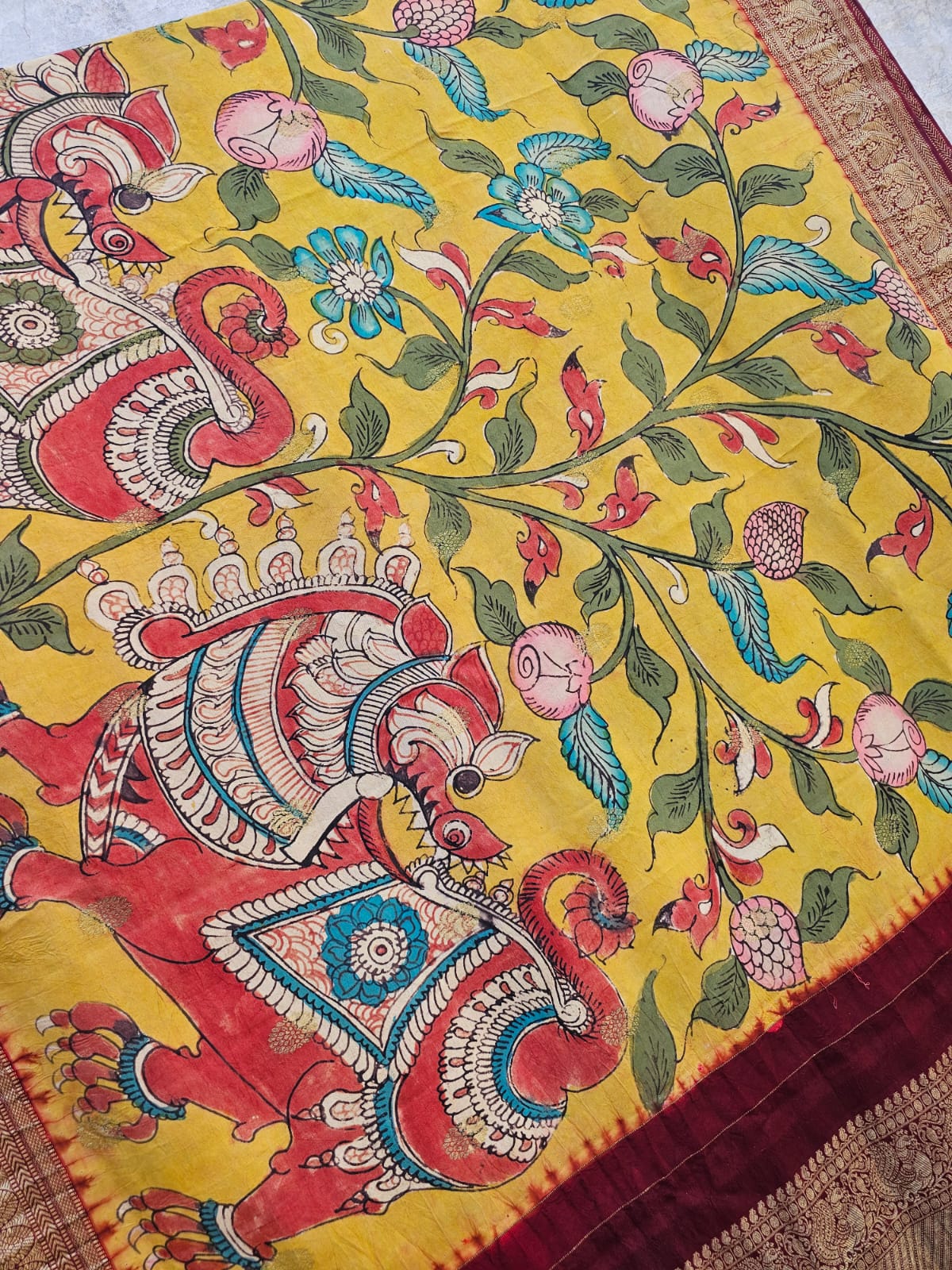 Yali and Floral Theme Kanjivaram Silk Kalamakari Saree