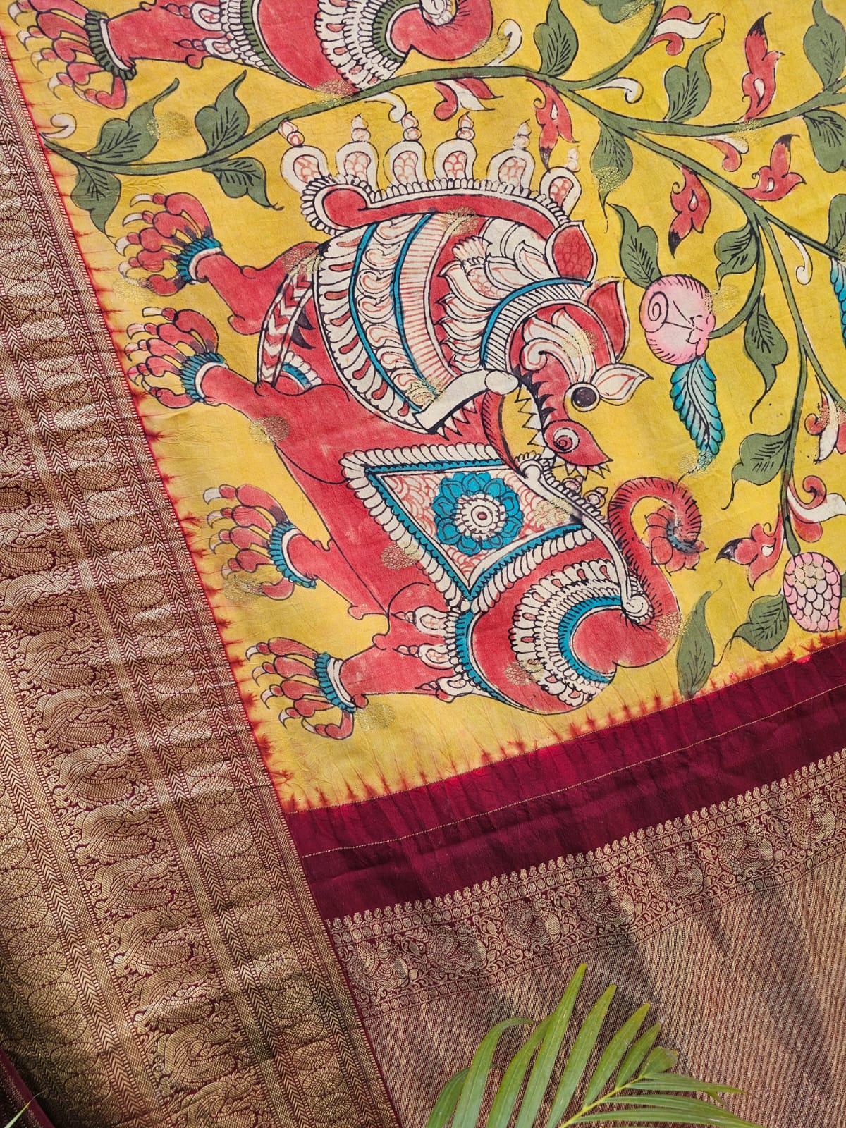 Yali and Floral Theme Kanjivaram Silk Kalamakari Saree