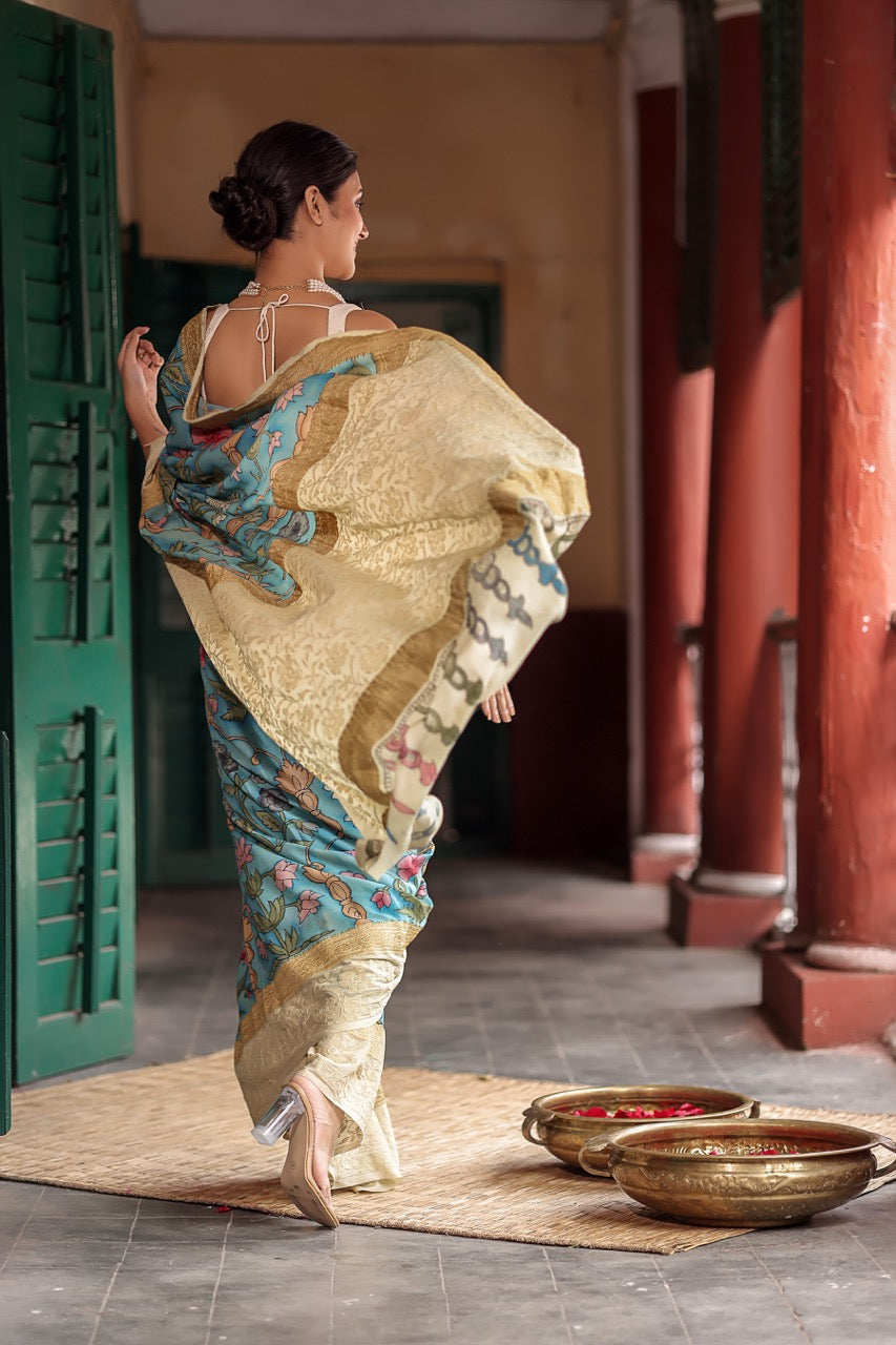 karigari-guldasta-pure-banarasi-georgette-kalamkari-saree-with-lucknow-hand-chikankari