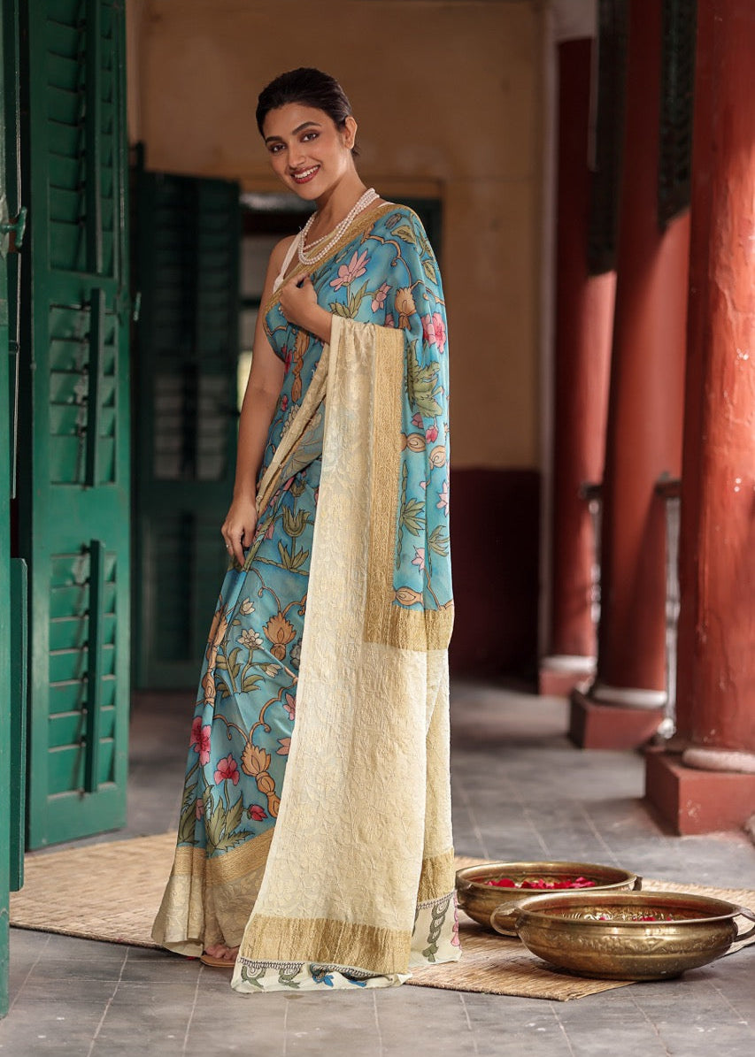 karigari-guldasta-pure-banarasi-georgette-kalamkari-saree-with-lucknow-hand-chikankari