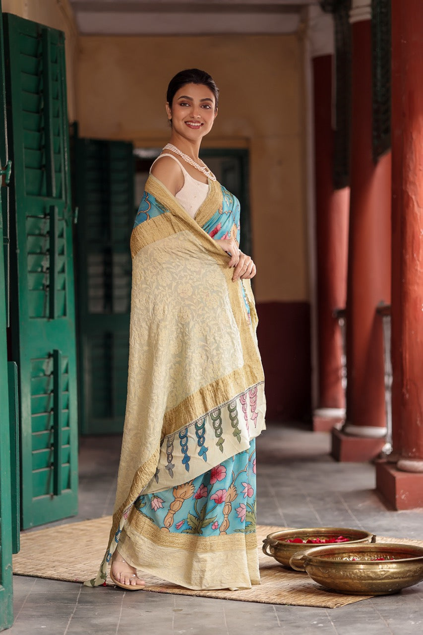 karigari-guldasta-pure-banarasi-georgette-kalamkari-saree-with-lucknow-hand-chikankari