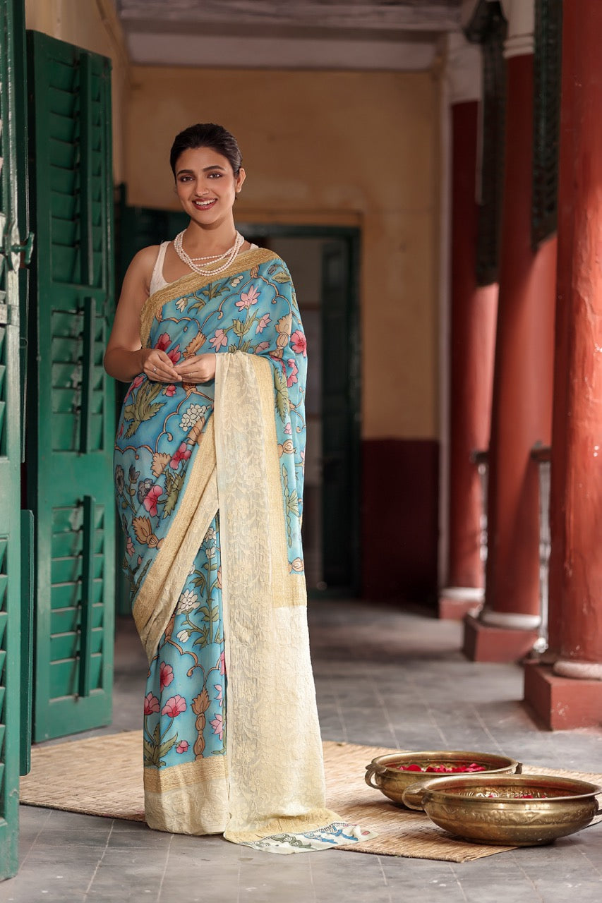 karigari-guldasta-pure-banarasi-georgette-kalamkari-saree-with-lucknow-hand-chikankari