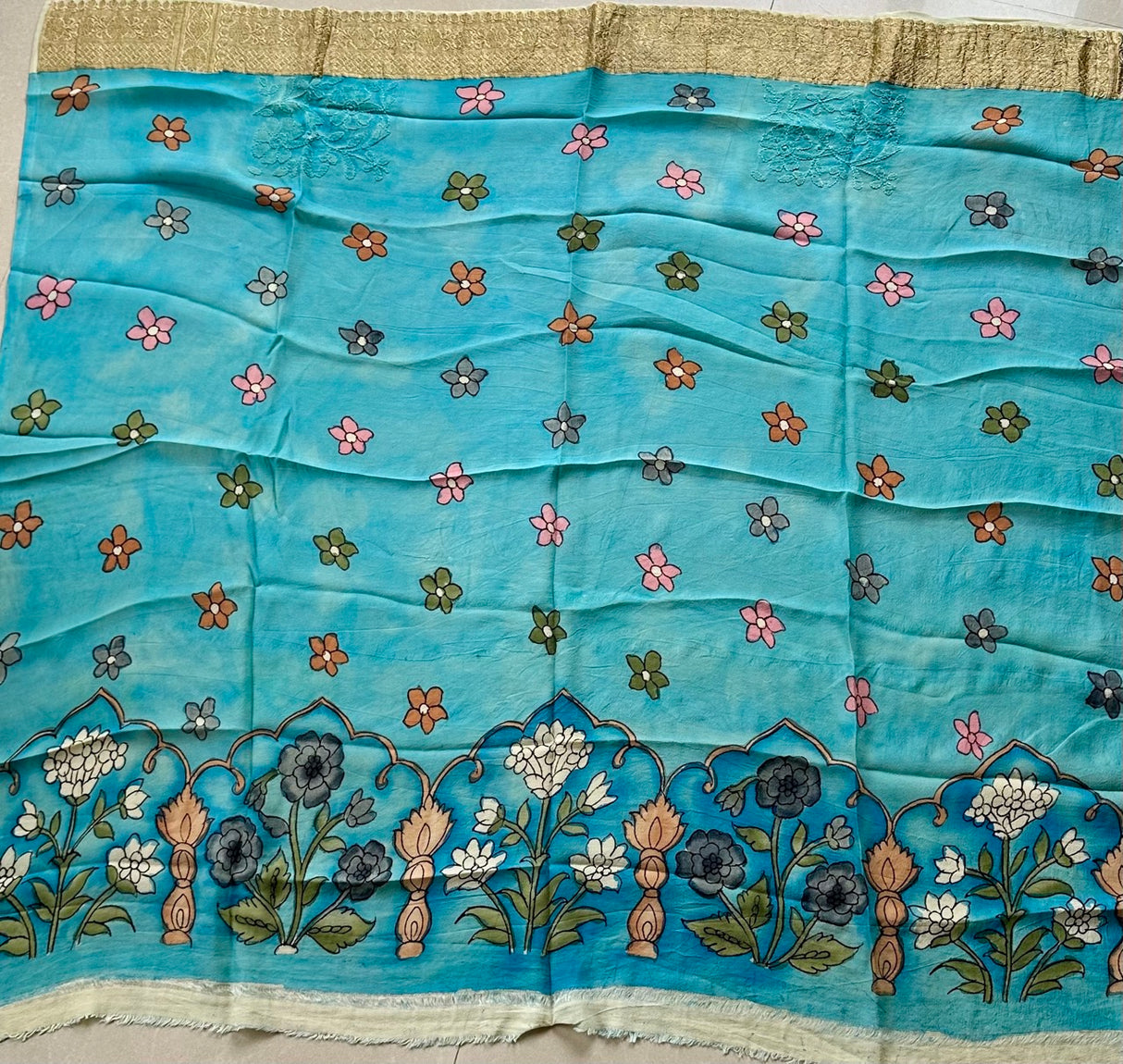 Karigari Guldasta – Pure Banarasi georgette Kalamkari Saree with Lucknow Hand Chikankari