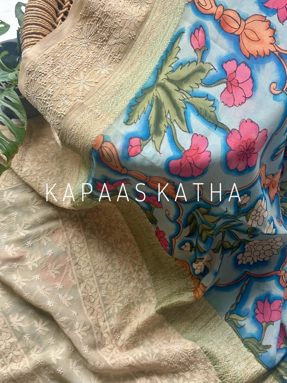 Karigari Guldasta – Pure Banarasi georgette Kalamkari Saree with Lucknow Hand Chikankari