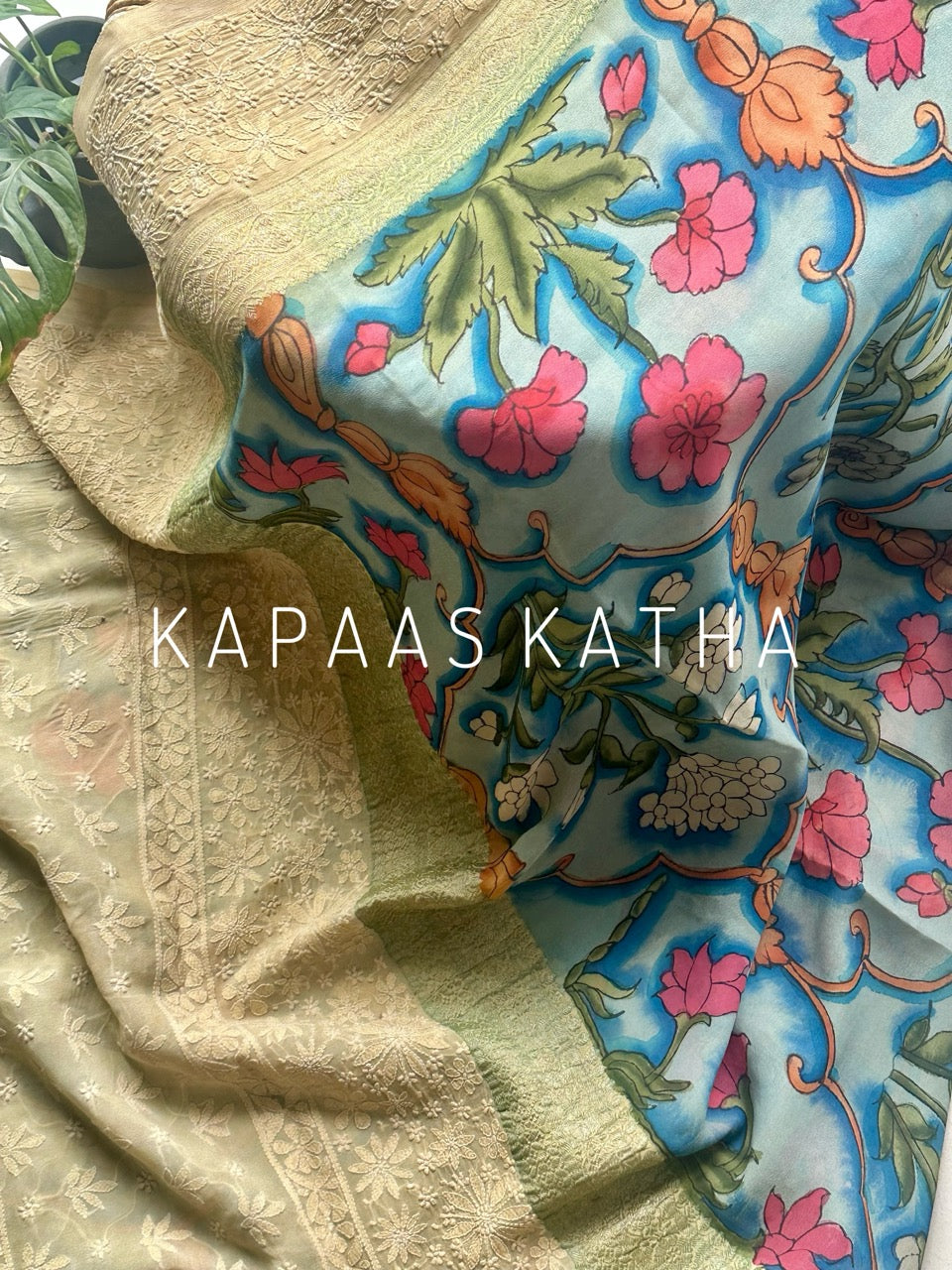 Karigari Guldasta – Pure Banarasi georgette Kalamkari Saree with Lucknow Hand Chikankari
